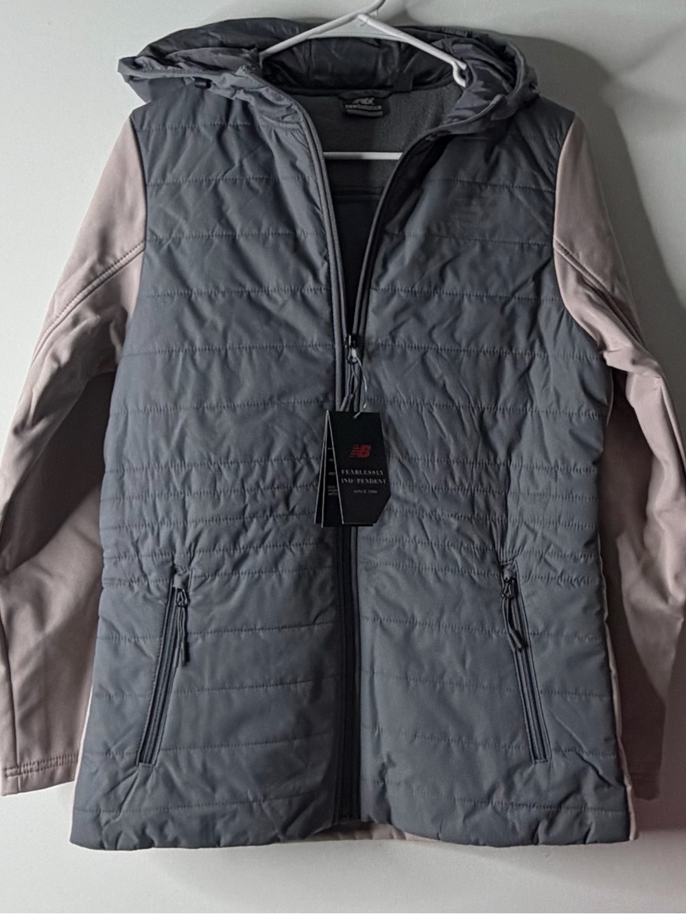 New Balance Women's Gray Quilted Hooded Jacket with Pink Sleeves